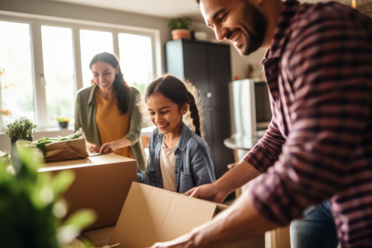 "Une famille heureuse avec deux enfants dans une maison emballée, prête à déménager dans le cadre d'un arrangement de garde alternée. Une image illustrant comment un déménagement bien planifié et réalisé peut devenir facile et sans stress."
