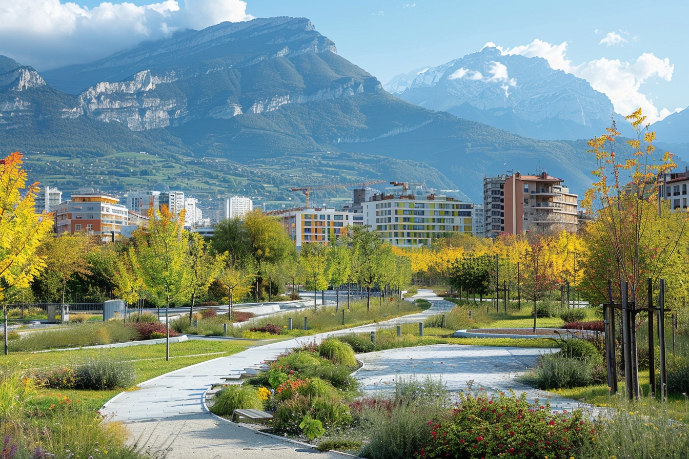 Alt d'image: "Vue panoramique de Grenoble avec des immeubles modernes et montagnes en arrière-plan, illustrant l'investissement immobilier dans la capitale des Alpes.