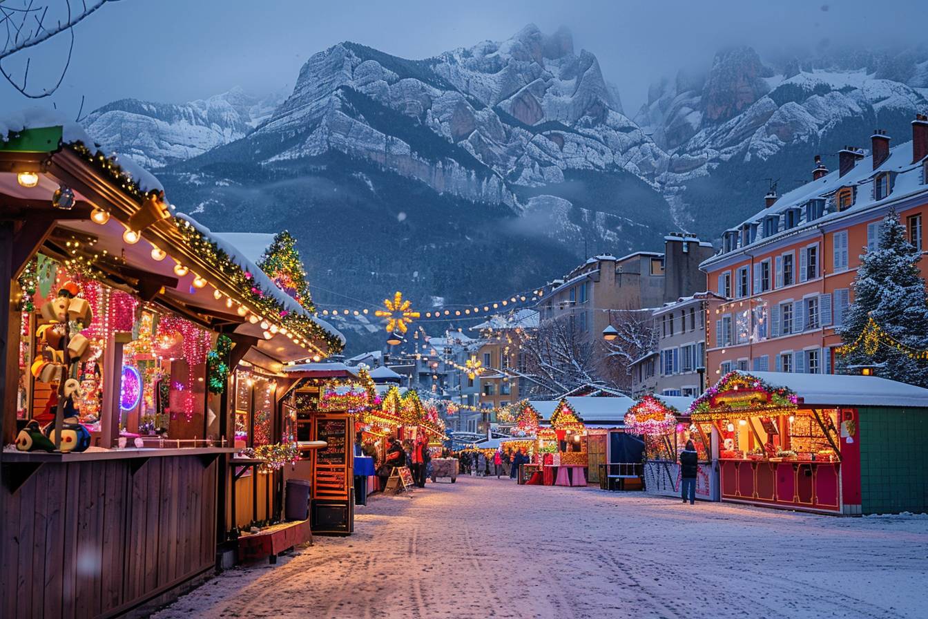 Vue panoramique de Grenoble illuminée pendant un festival nocturne, capturant l'essence des festivités et de la fête à Grenoble en 2023